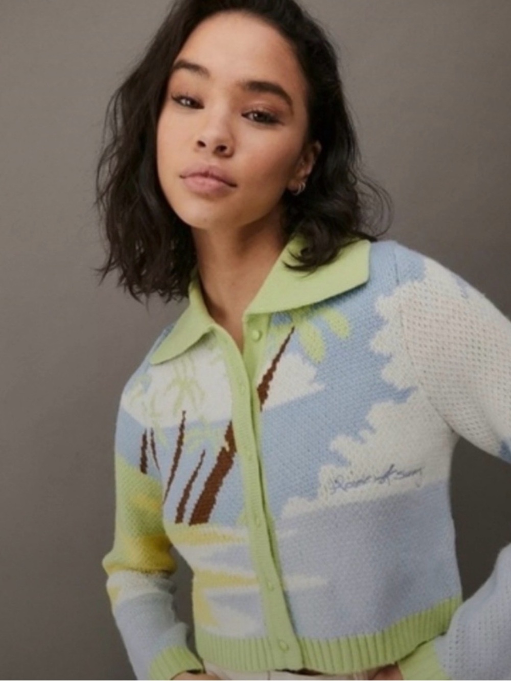 House of Sunny Light Blue and Lime Palm-Print Knit Cardigan